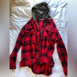 SO Brand Red & Black Flannel Top With Gray Hood